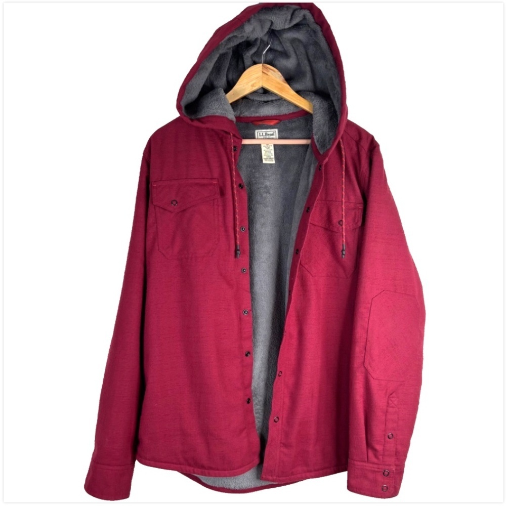 L.L. Bean Hooded Snap Front Jacket M Fleece Lined Burgundy Wool Spring Outdoor